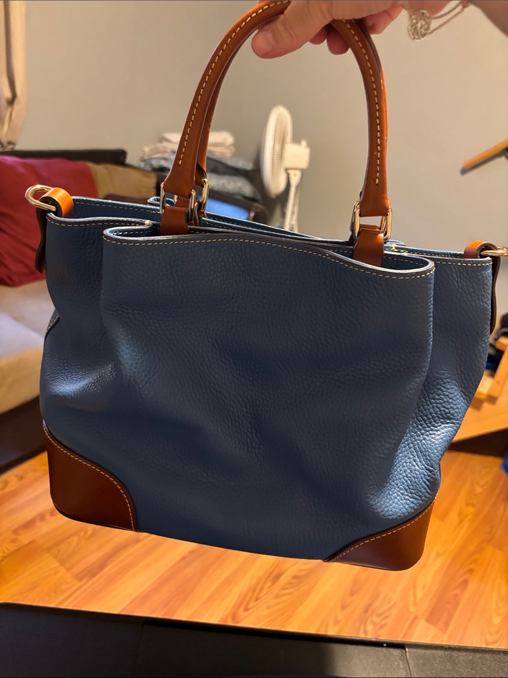Dooney & Bourke Blue Pebbled Leather Satchel with Brown Trim and Wristlet - Picture 7 of 16